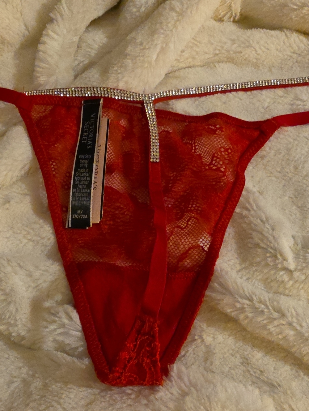 Nwt Victoria's Secret Red Lace Thong with Rhinestone T-Strap Very Sexy Size M